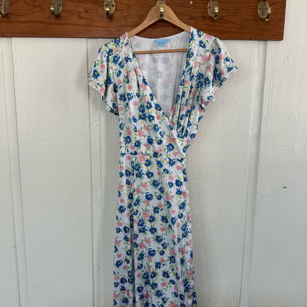 Draper James Floral Maxi Tie Wrap Summer Dress in Blue and Pink Casual Work
